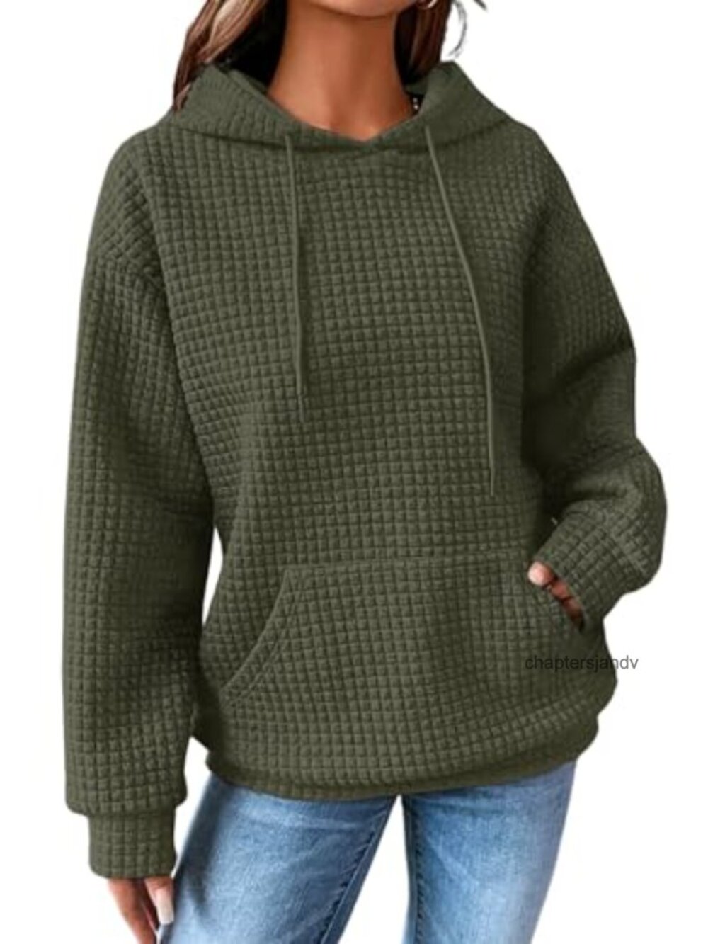 SHEWIN Waffle Knit Hoodie Pullover Drawstring Pocket Soft Comfy